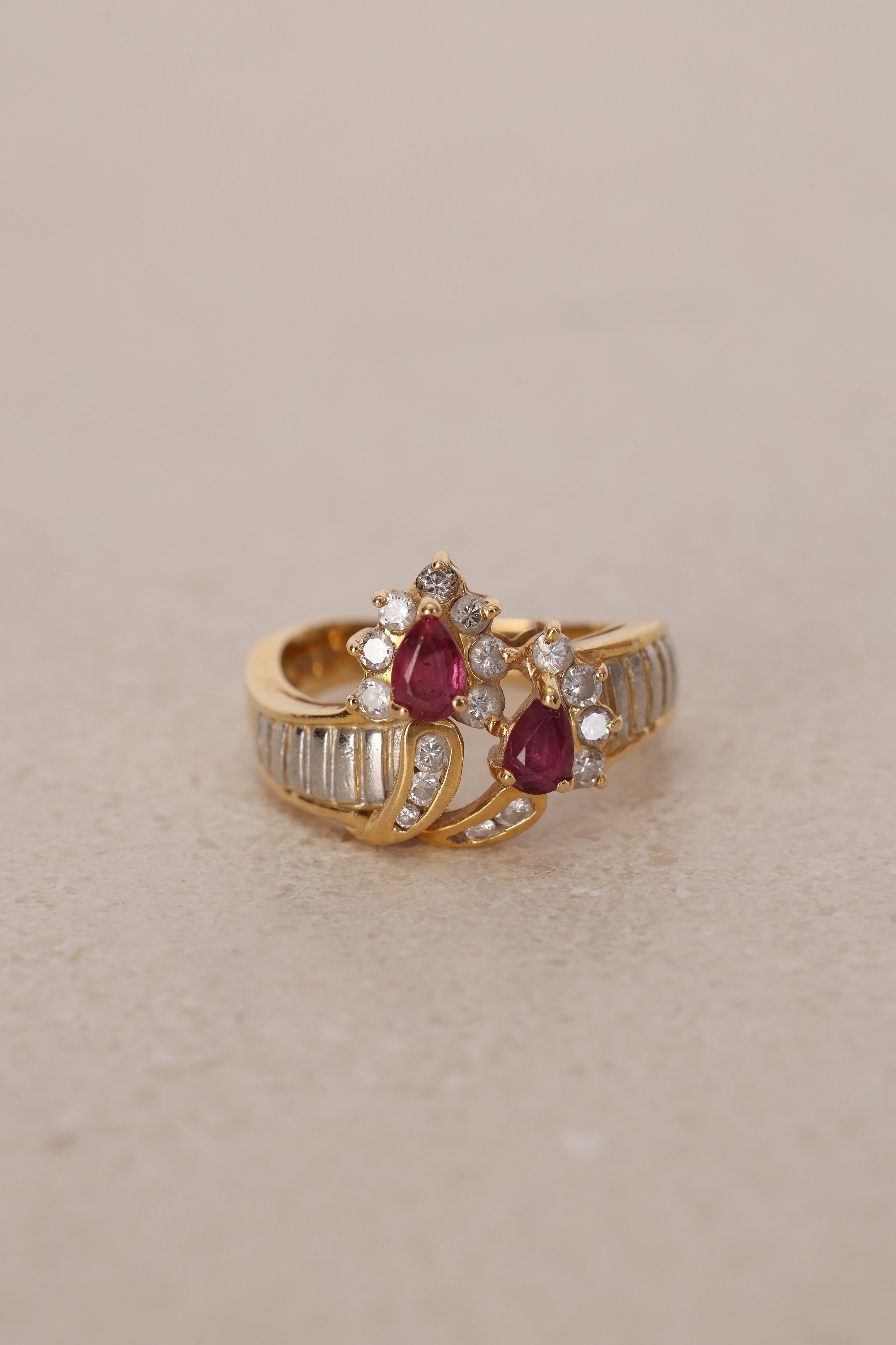 18K Yellow Gold Ruby and Diamond Duo Halo Ring, Size US 5