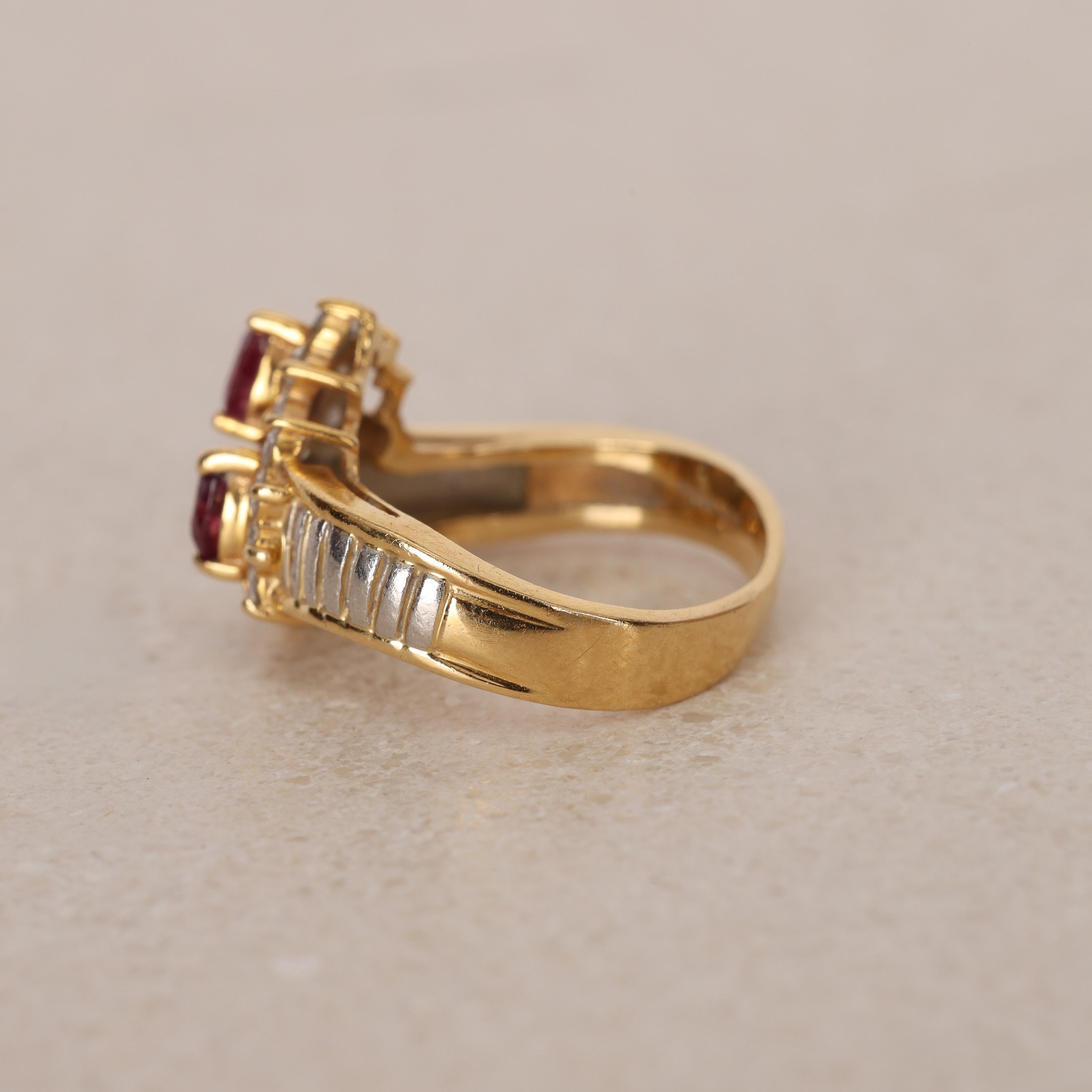 18K Yellow Gold Ruby and Diamond Duo Halo Ring, Size US 5