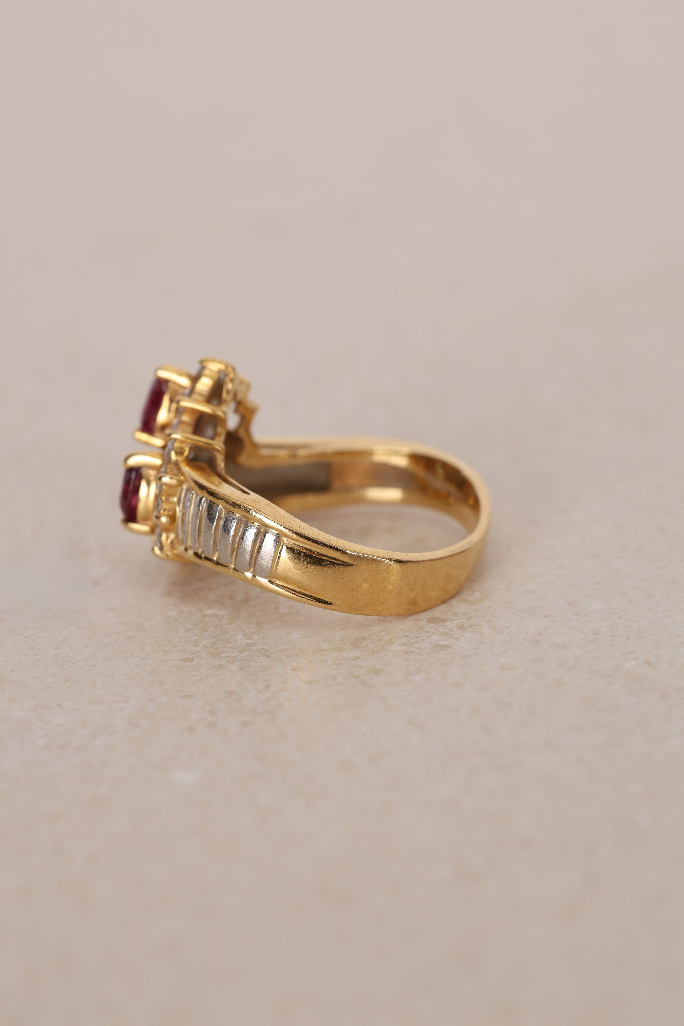 18K Yellow Gold Ruby and Diamond Duo Halo Ring, Size US 5