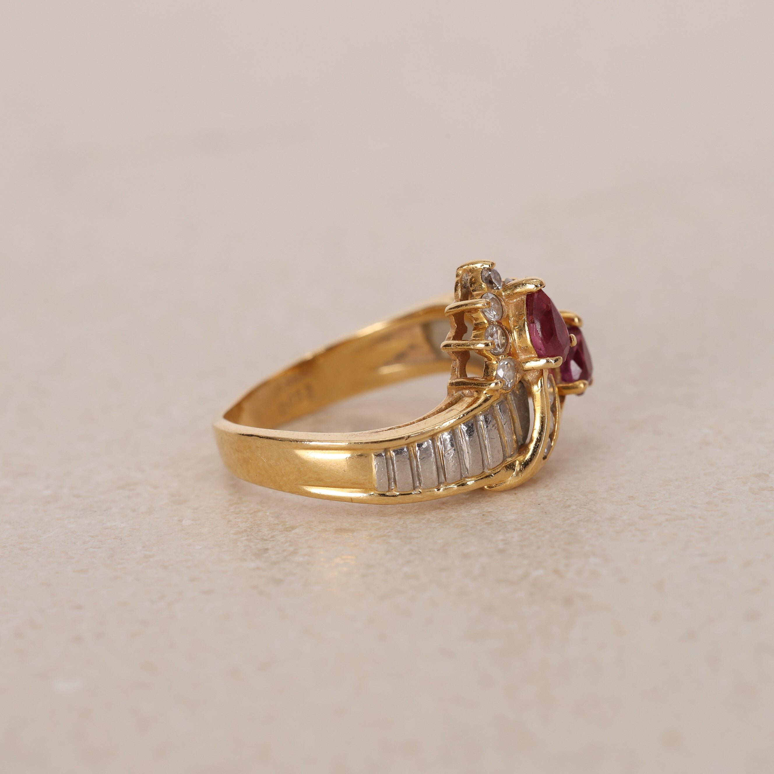 18K Yellow Gold Ruby and Diamond Duo Halo Ring, Size US 5