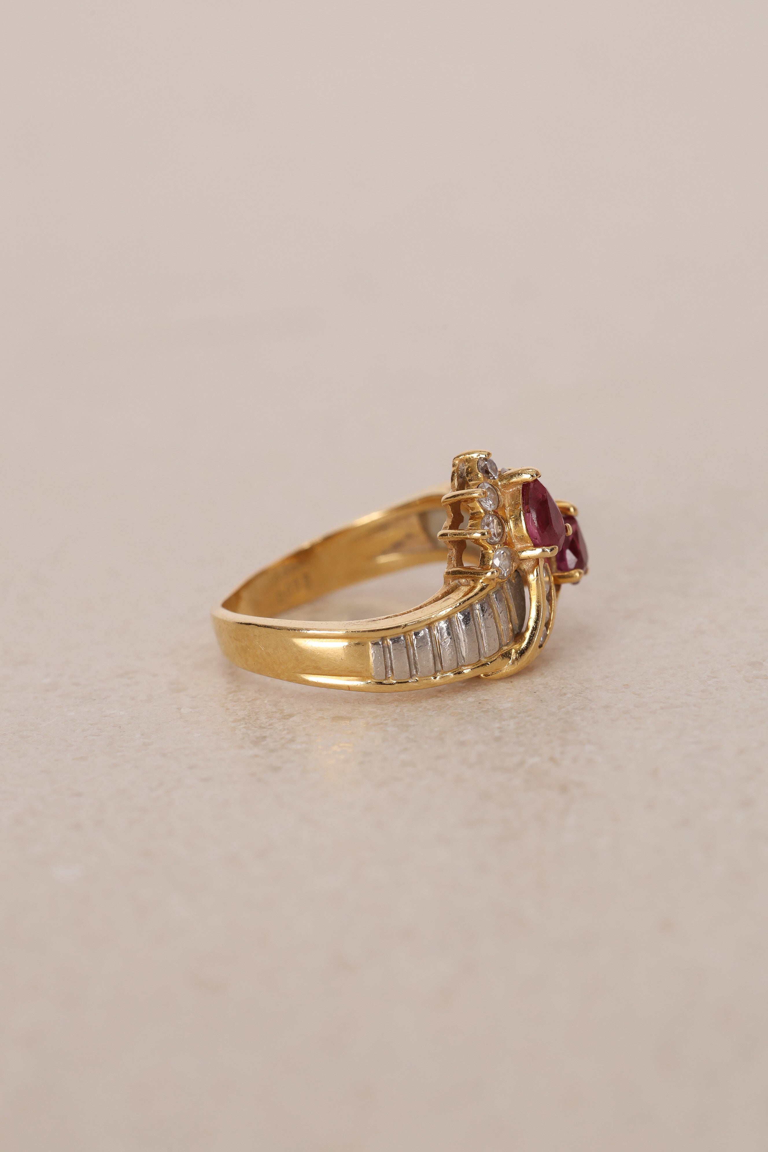 18K Yellow Gold Ruby and Diamond Duo Halo Ring, Size US 5