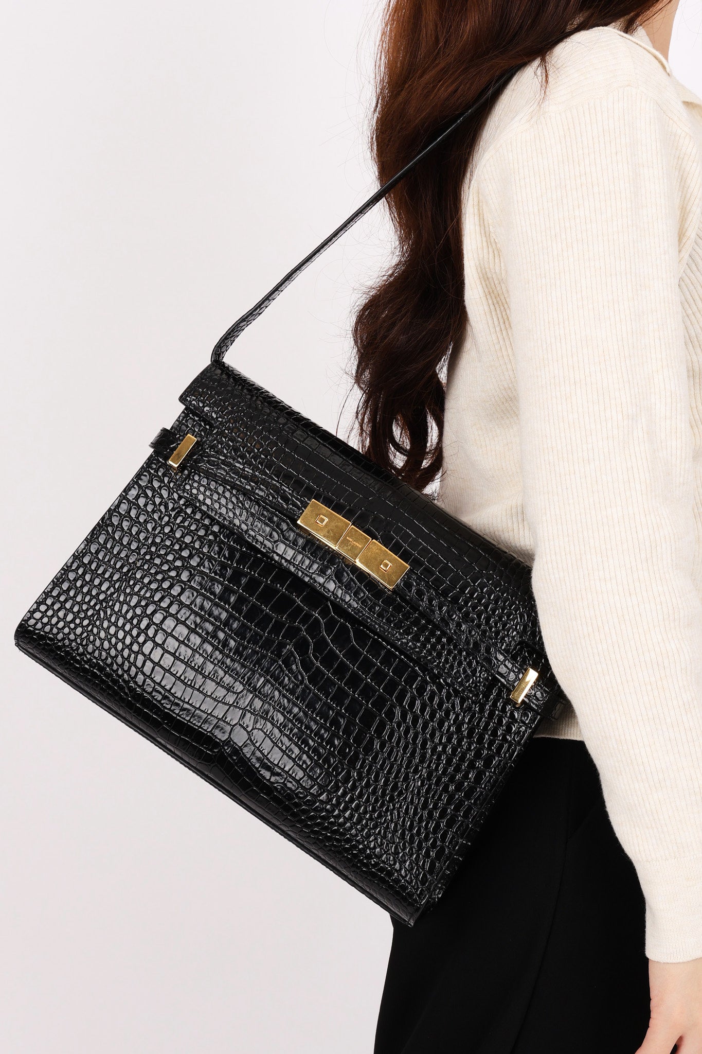 Saint Laurent Manhattan Croc Embossed Shoulder Bag
