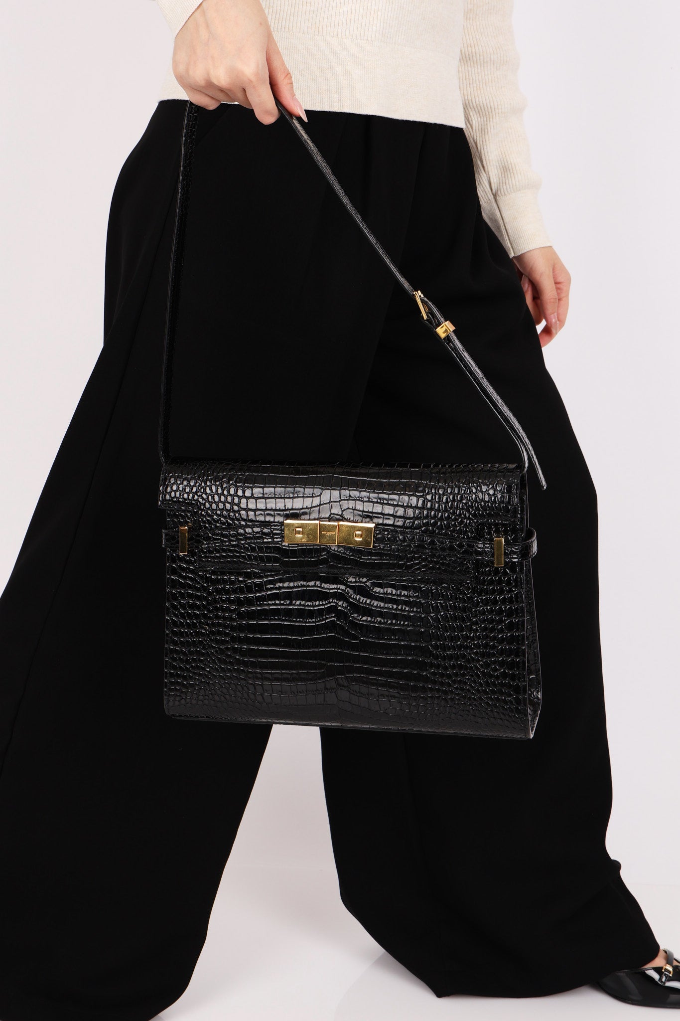 Saint Laurent Manhattan Croc Embossed Shoulder Bag