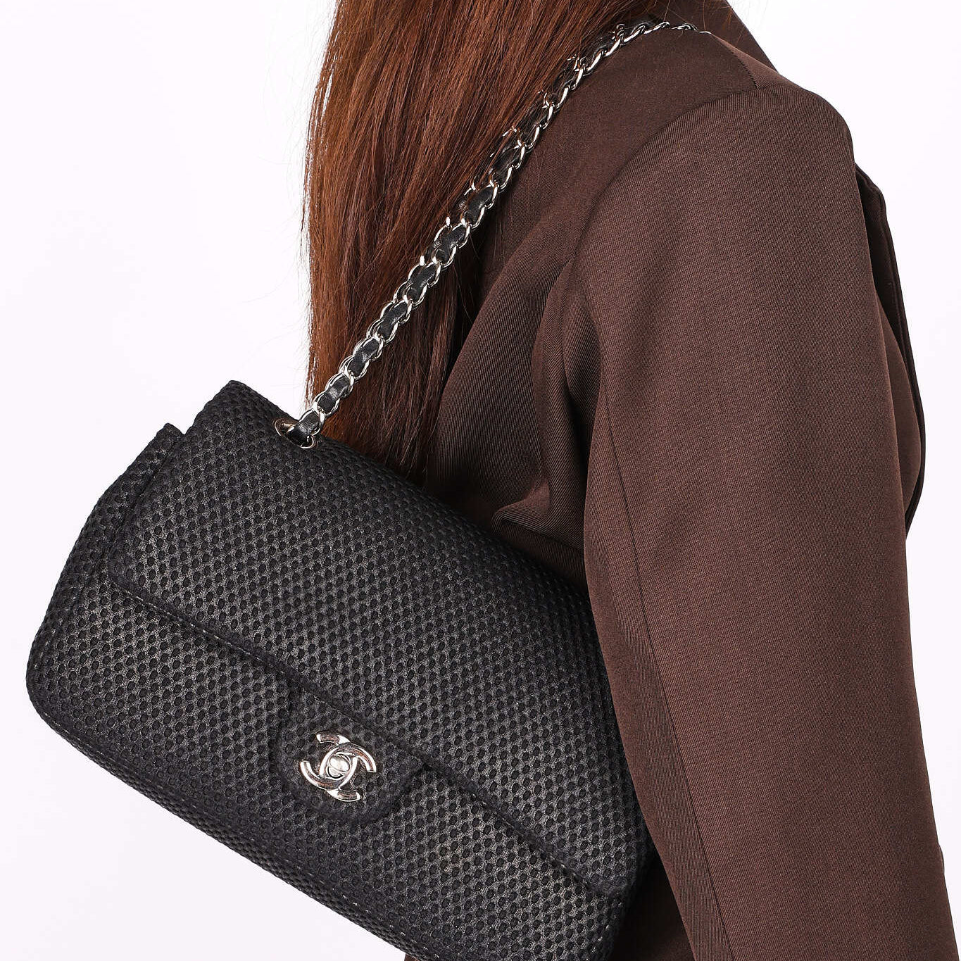 Chanel Medium Double Flap Black Perforated Jersey 2016 SHW
