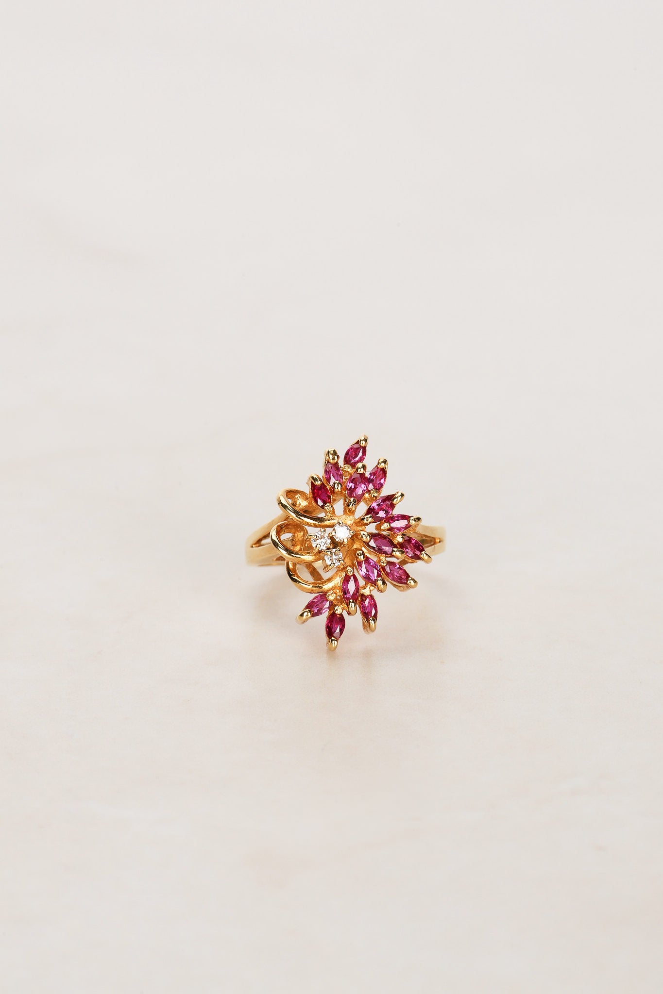 1960s - 1970s 18K Yellow Gold Ruby and Diamond Floral Branch Ring, Size US 6