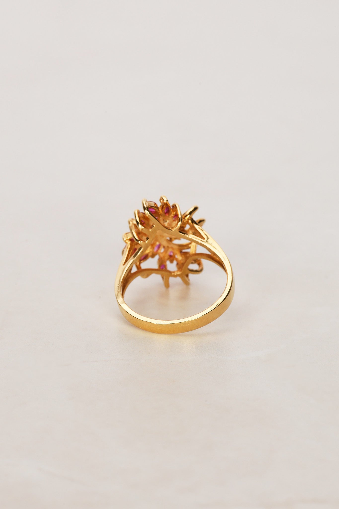 1960s - 1970s 18K Yellow Gold Ruby and Diamond Floral Branch Ring, Size US 6