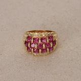 1980s - 1990s 18K Yellow Gold Ruby and Diamond Cluster Ridge Ring, Size US 6 - Drop 23