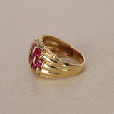 1980s - 1990s 18K Yellow Gold Ruby and Diamond Cluster Ridge Ring, Size US 6 - Drop 23
