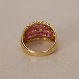 1980s - 1990s 18K Yellow Gold Ruby and Diamond Cluster Ridge Ring, Size US 6 - Drop 23