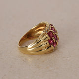 1980s - 1990s 18K Yellow Gold Ruby and Diamond Cluster Ridge Ring, Size US 6 - Drop 23