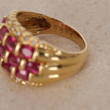 1980s - 1990s 18K Yellow Gold Ruby and Diamond Cluster Ridge Ring, Size US 6 - Drop 23