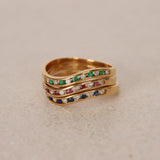 1980s - 1990s 18K Yellow Gold Sapphire, Ruby, Emerald and Diamond Chanel-Set Curve Ring Set (3 Rings), Size US 6 - Drop 23