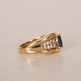 1980s - 1990s 18K Yellow Gold Marquise Cut Sapphire and Diamond Bypass Ring, Size US 7 - Drop 23