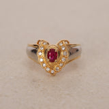 1980s - 1990s 18K Yellow Gold and Platinum Ruby and Diamond Flower Halo Ring, Size US 5 - Drop 24