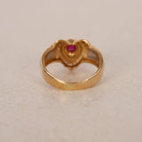 1980s - 1990s 18K Yellow Gold and Platinum Ruby and Diamond Flower Halo Ring, Size US 5 - Drop 24