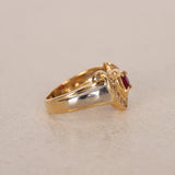 1980s - 1990s 18K Yellow Gold and Platinum Ruby and Diamond Flower Halo Ring, Size US 5 - Drop 24