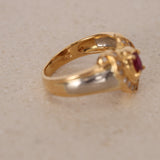 1980s - 1990s 18K Yellow Gold and Platinum Ruby and Diamond Flower Halo Ring, Size US 5 - Drop 24