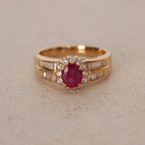 1980s - 1990s 18K Yellow Gold Ruby and Diamond Oval Halo Ring, Size US 6 - Drop 23
