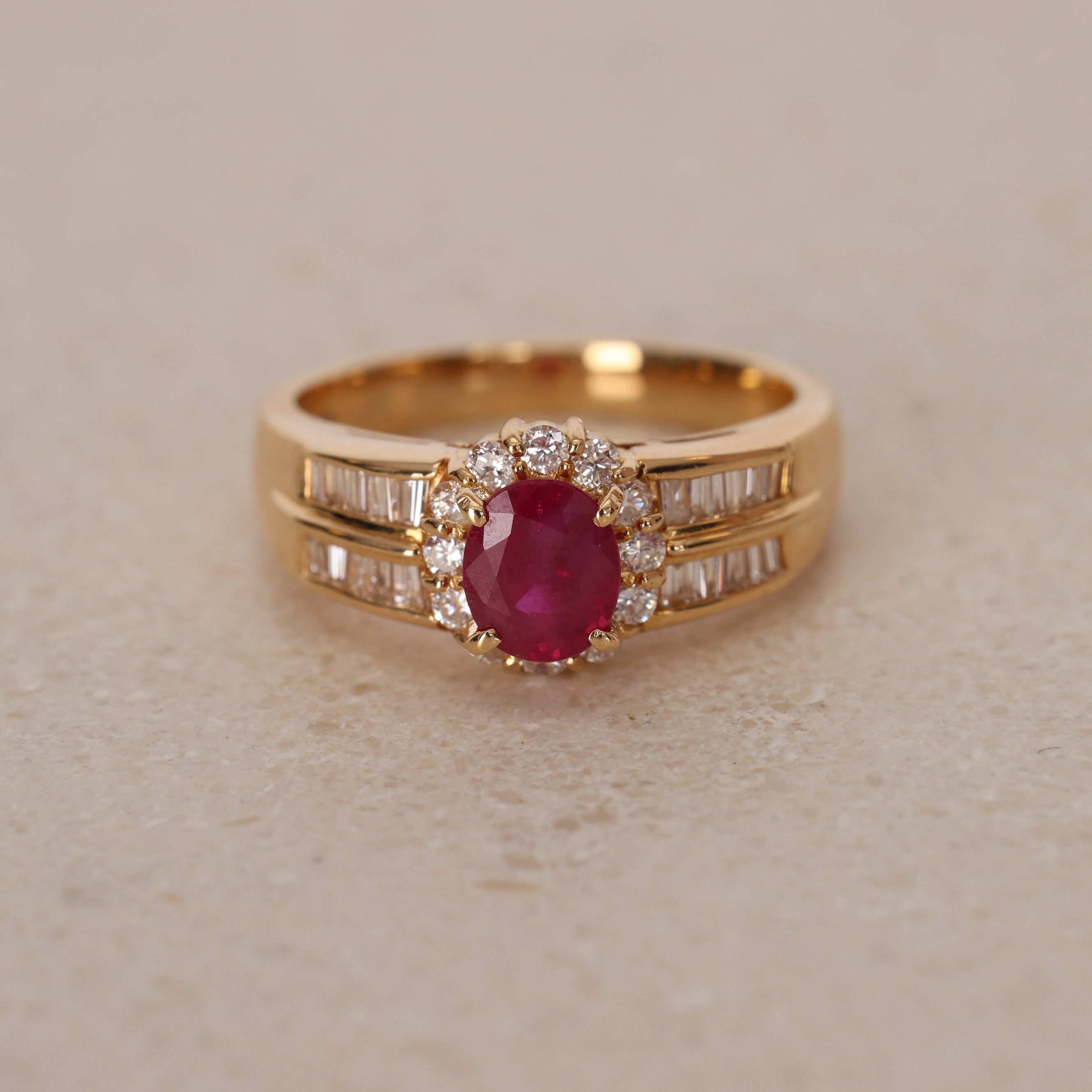 1980s - 1990s 18K Yellow Gold Ruby and Diamond Oval Halo Ring, Size US 6