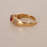 1980s - 1990s 18K Yellow Gold Ruby and Diamond Oval Halo Ring, Size US 6 - Drop 23