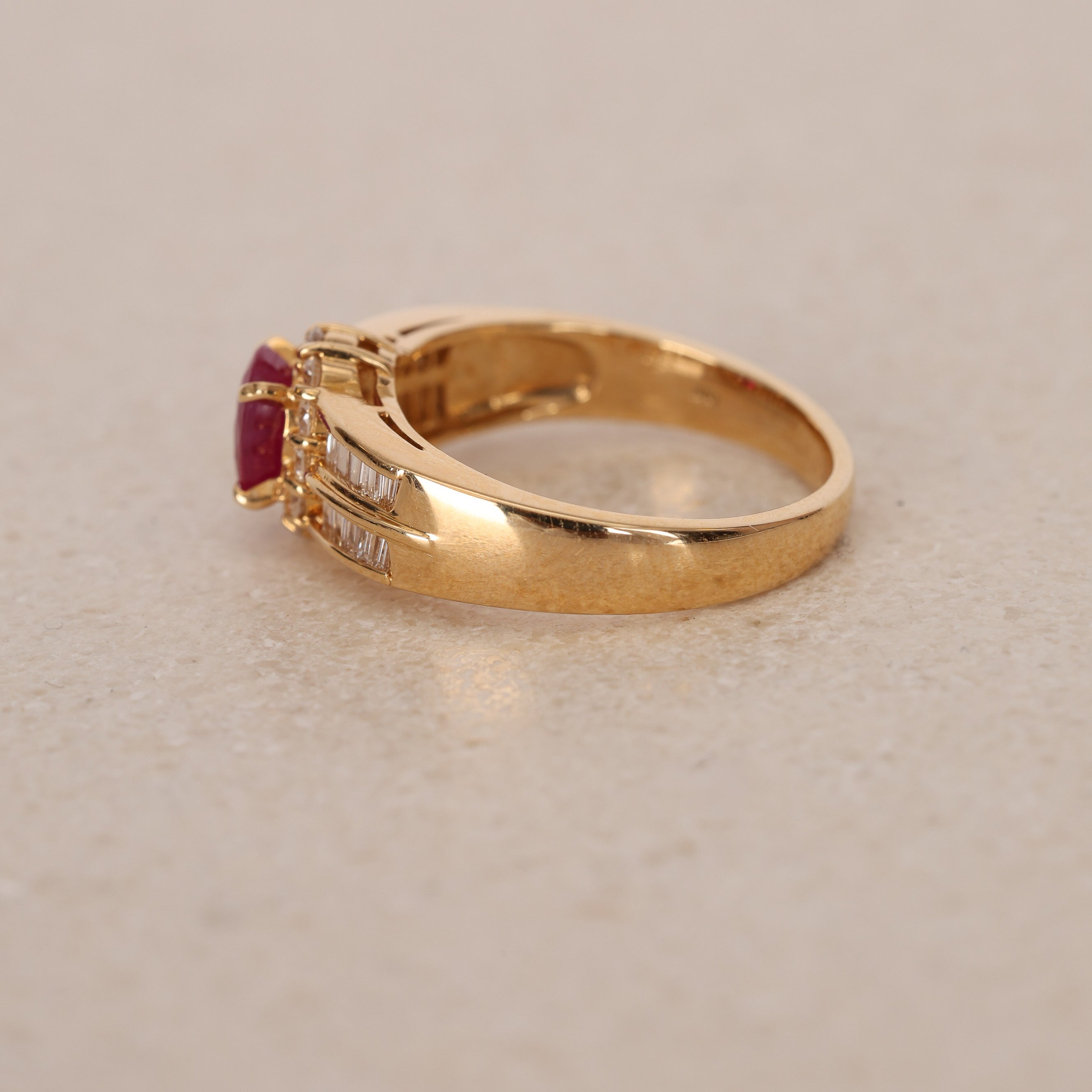 1980s - 1990s 18K Yellow Gold Ruby and Diamond Oval Halo Ring, Size US 6