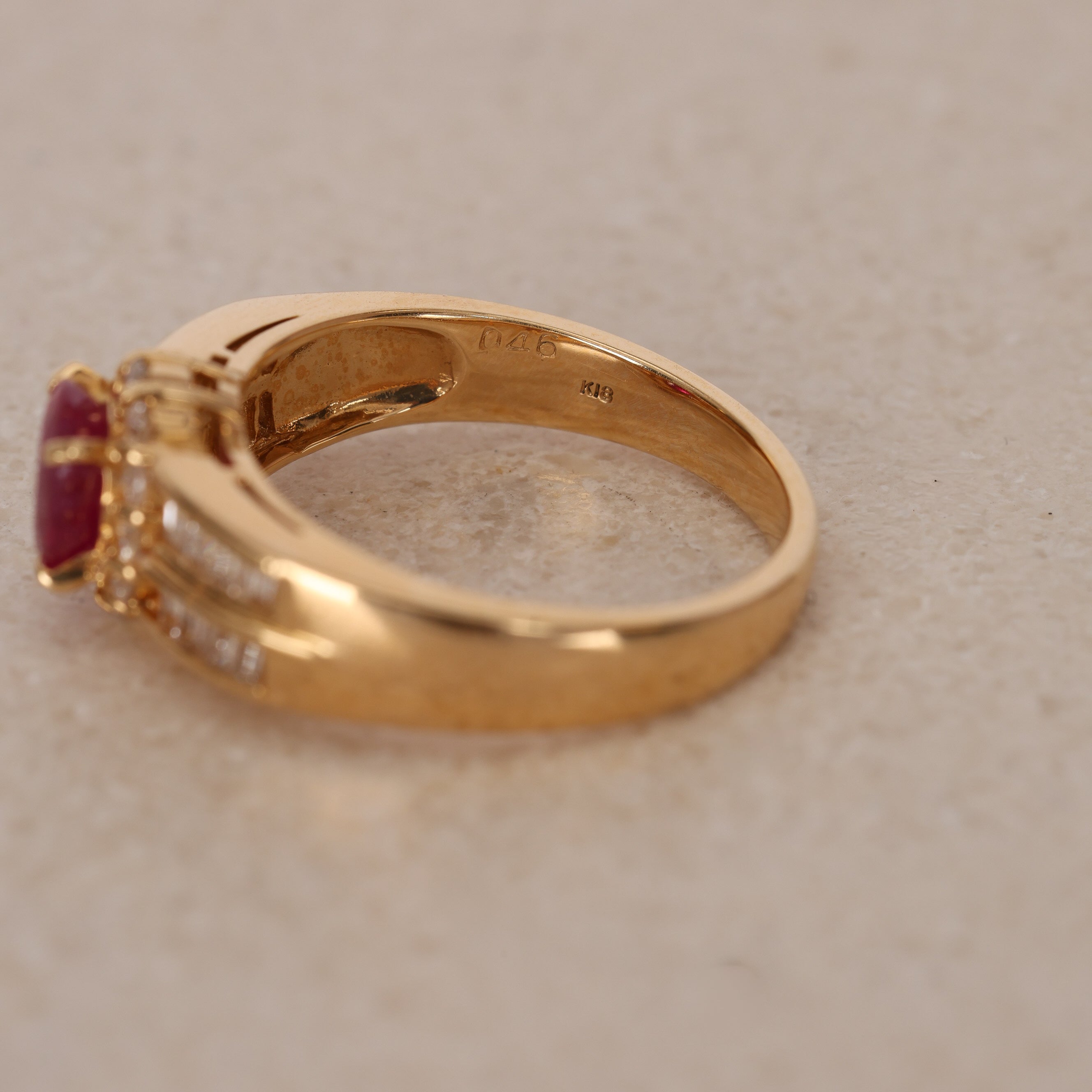 1980s - 1990s 18K Yellow Gold Ruby and Diamond Oval Halo Ring, Size US 6