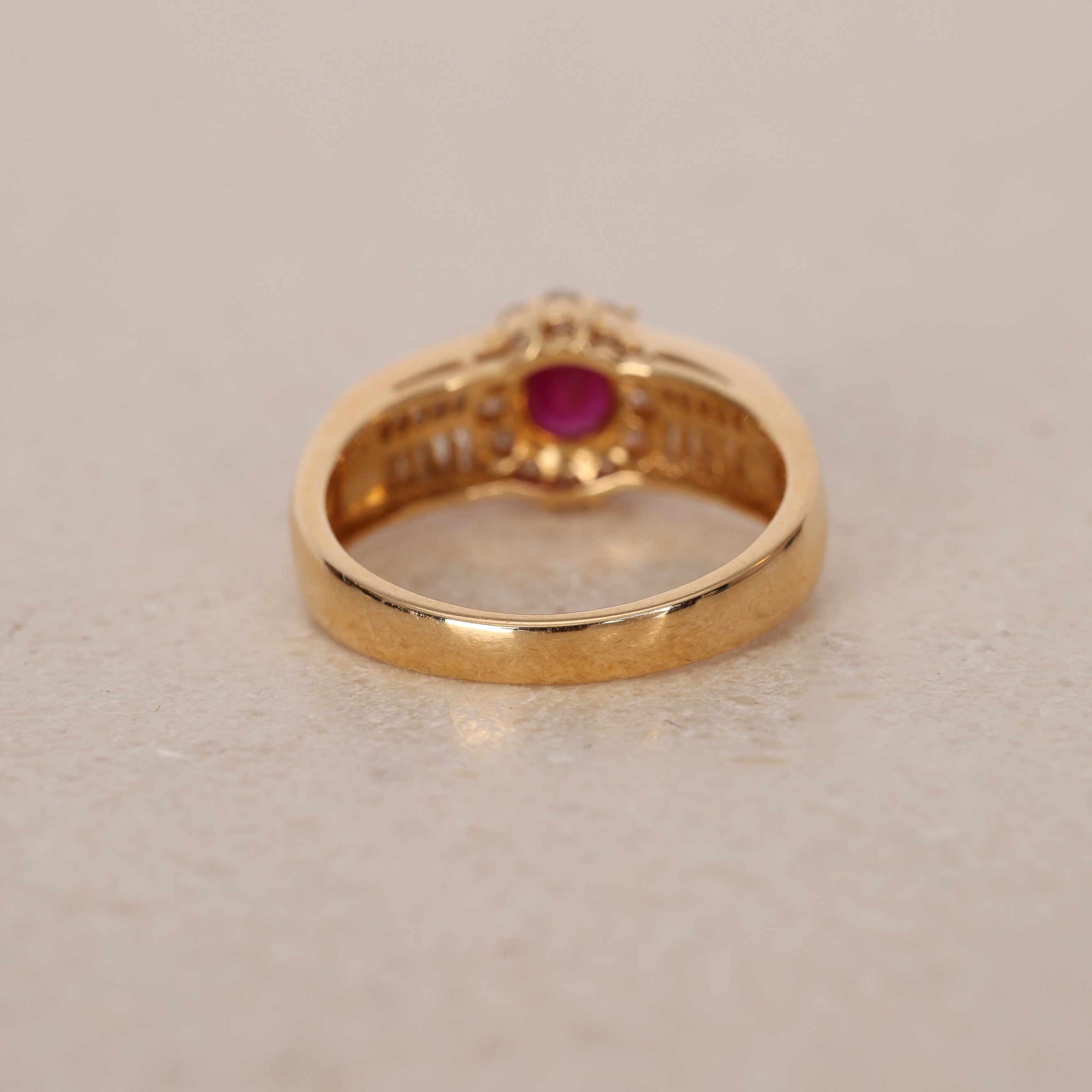 1980s - 1990s 18K Yellow Gold Ruby and Diamond Oval Halo Ring, Size US 6