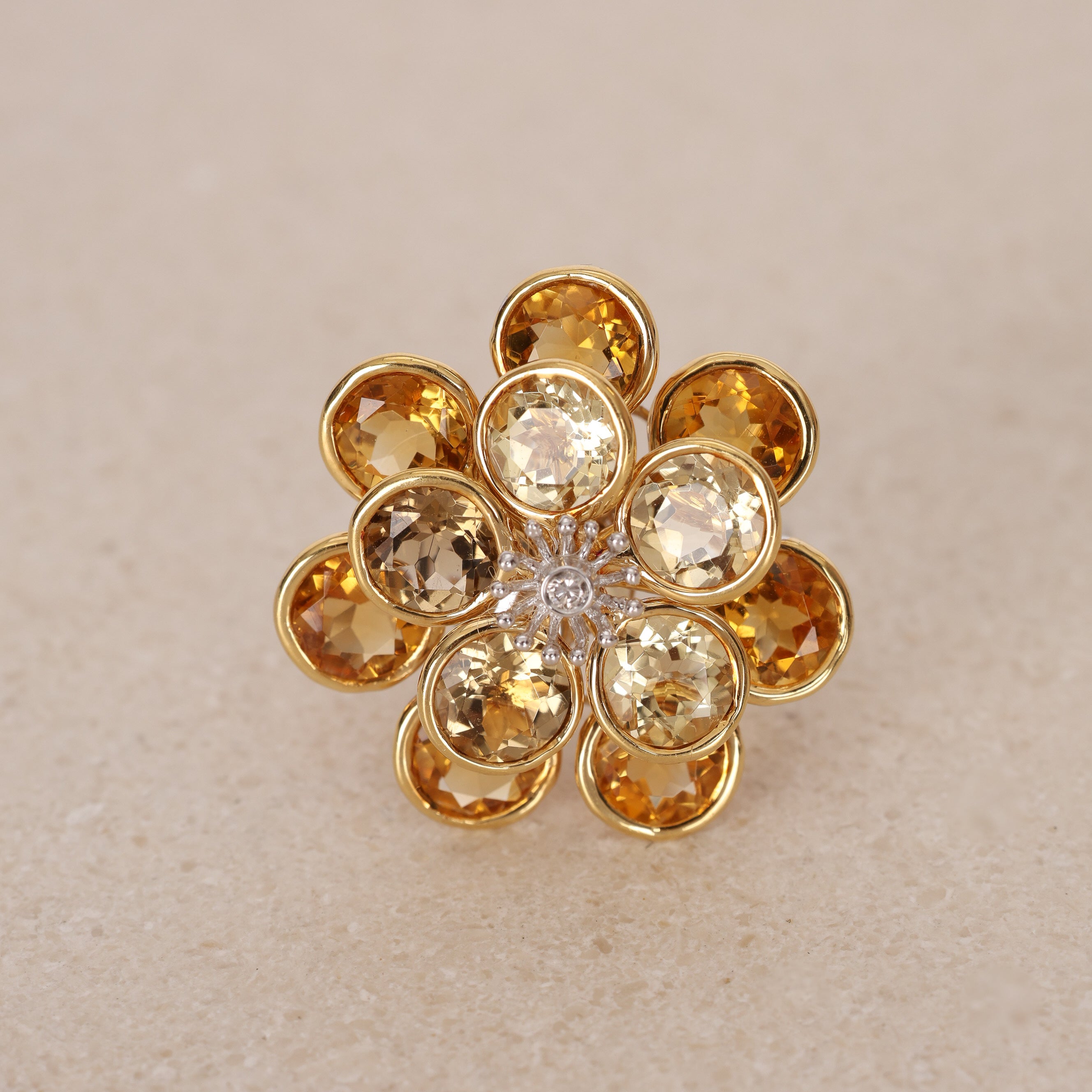 1980s - 1990s 18K Yellow and White Gold Citrine and Diamond Floral Ring, Size US 6.5