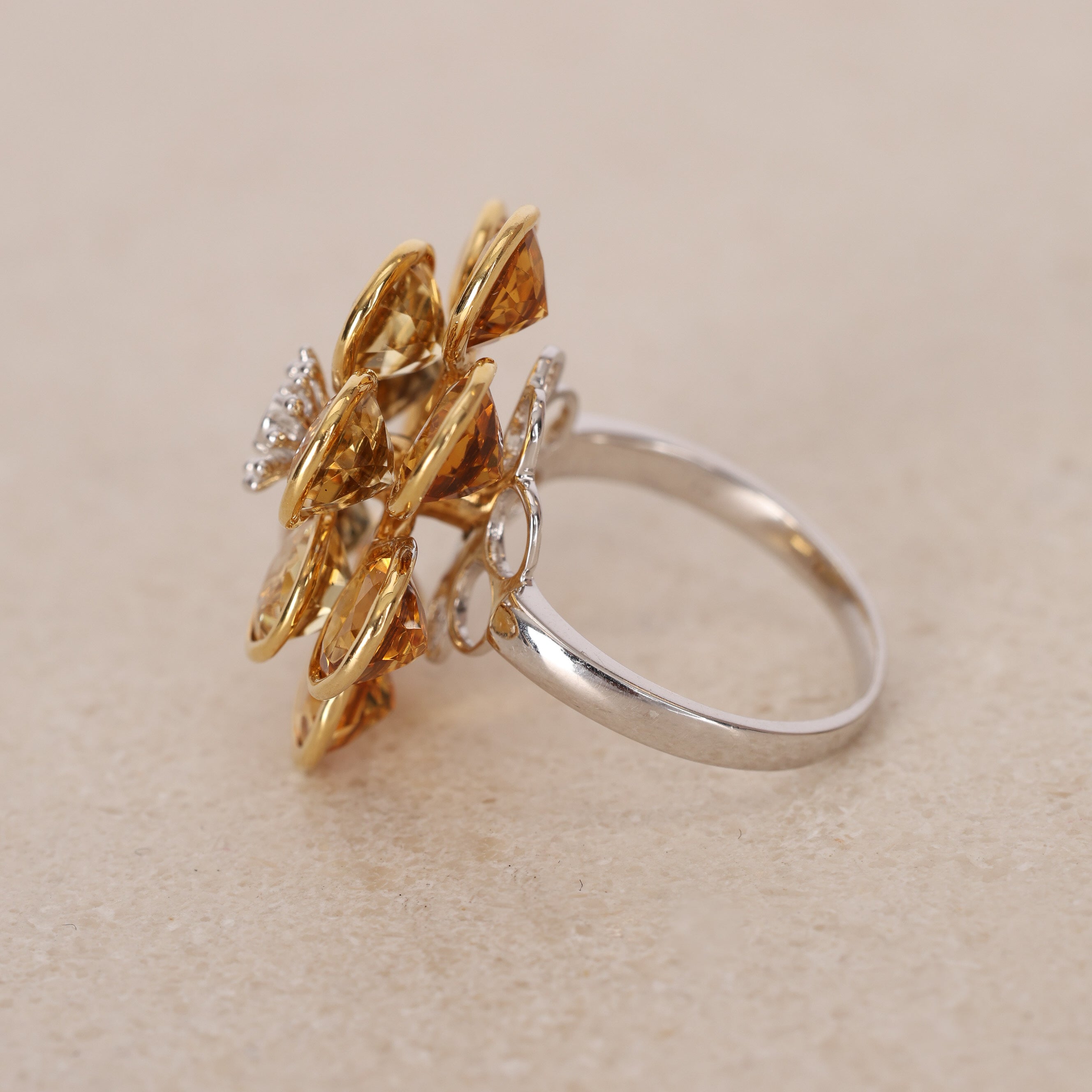 1980s - 1990s 18K Yellow and White Gold Citrine and Diamond Floral Ring, Size US 6.5