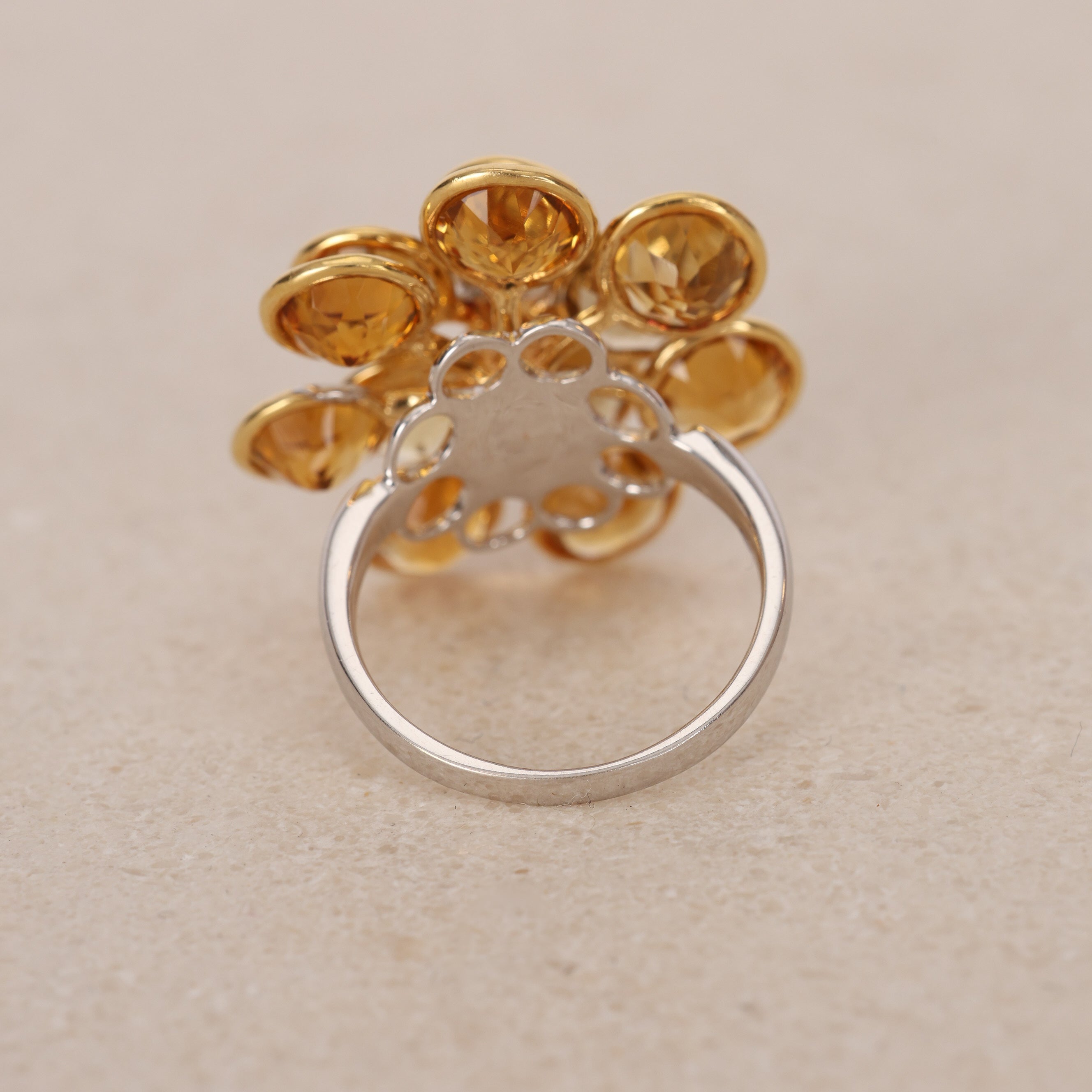 1980s - 1990s 18K Yellow and White Gold Citrine and Diamond Floral Ring, Size US 6.5