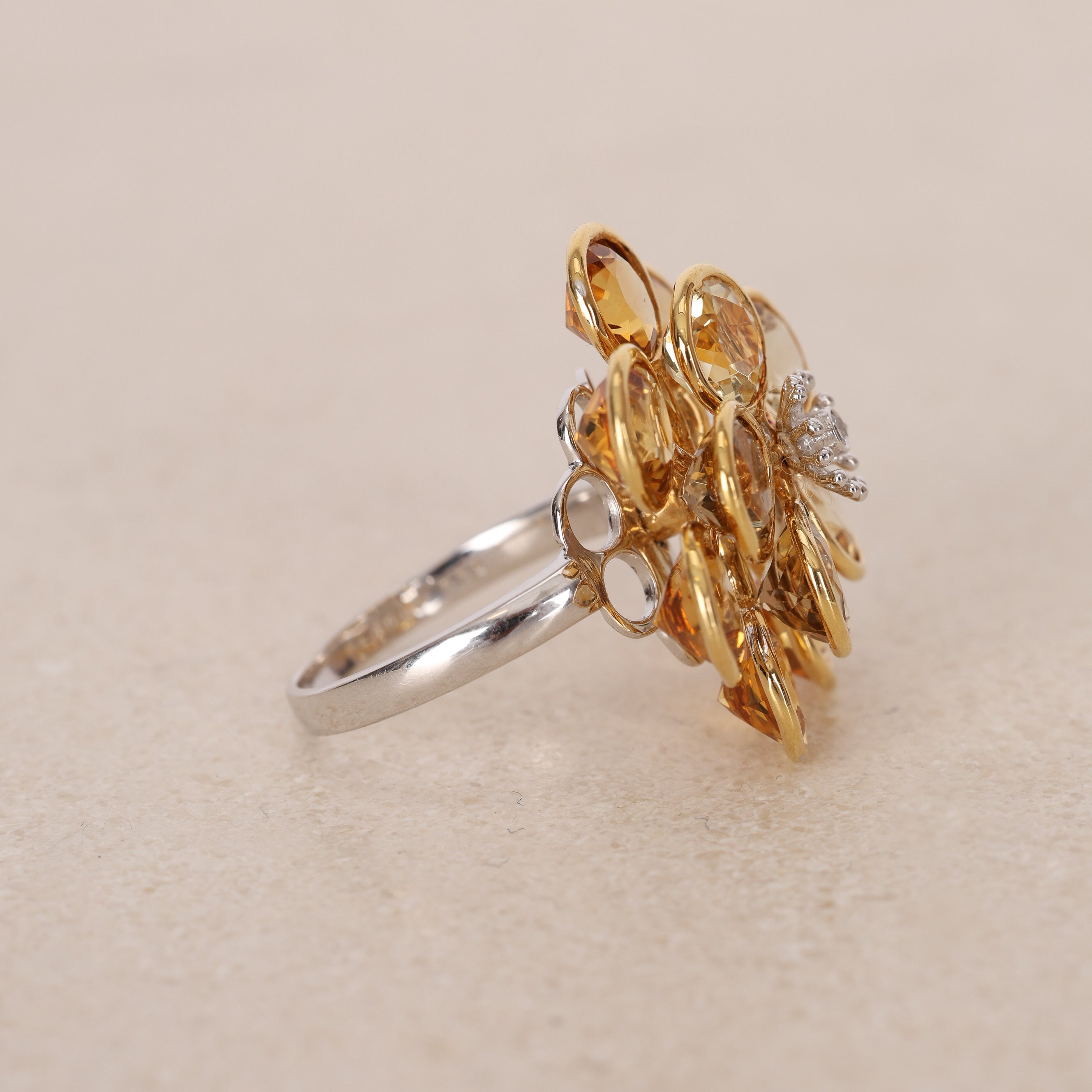 1980s - 1990s 18K Yellow and White Gold Citrine and Diamond Floral Ring, Size US 6.5