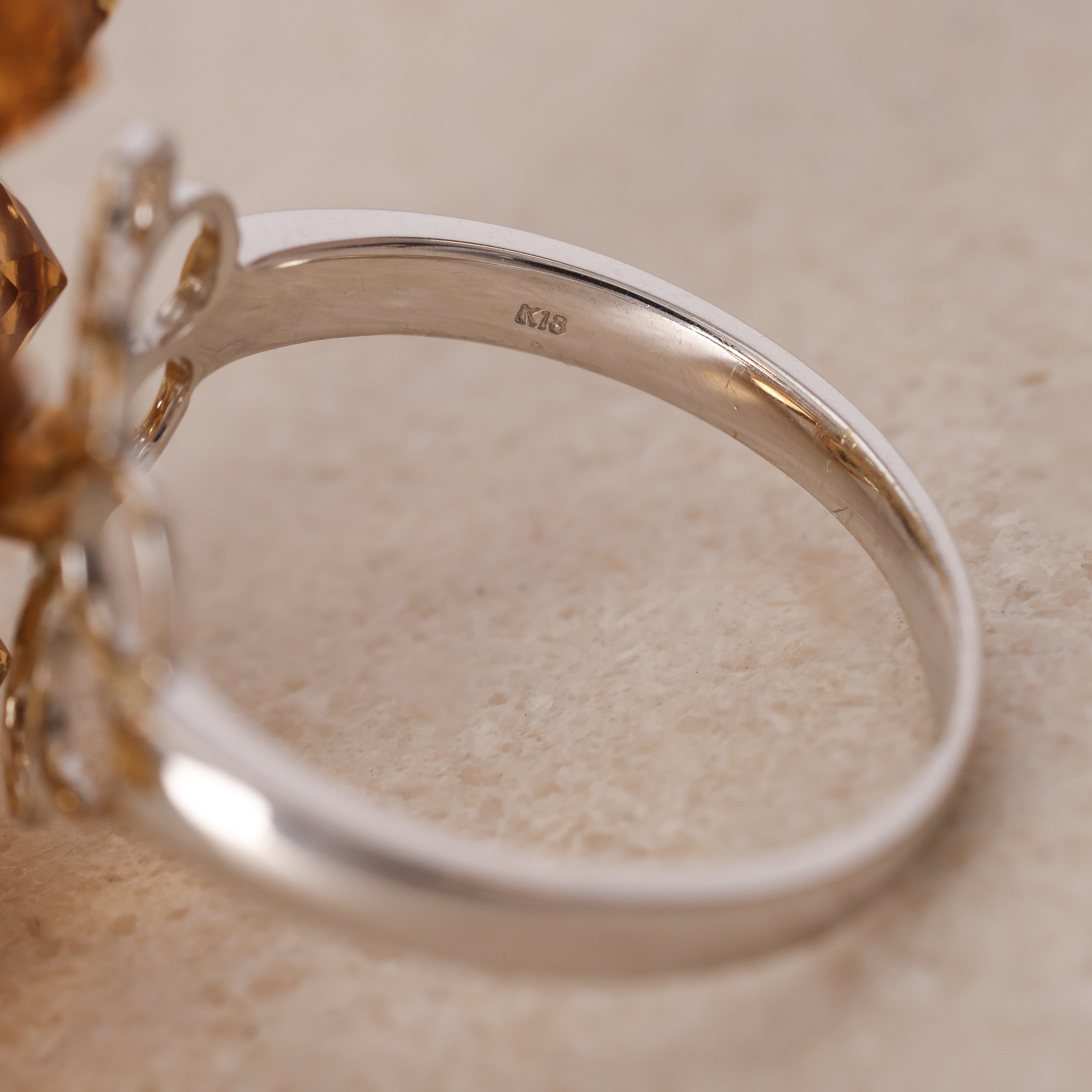 1980s - 1990s 18K Yellow and White Gold Citrine and Diamond Floral Ring, Size US 6.5
