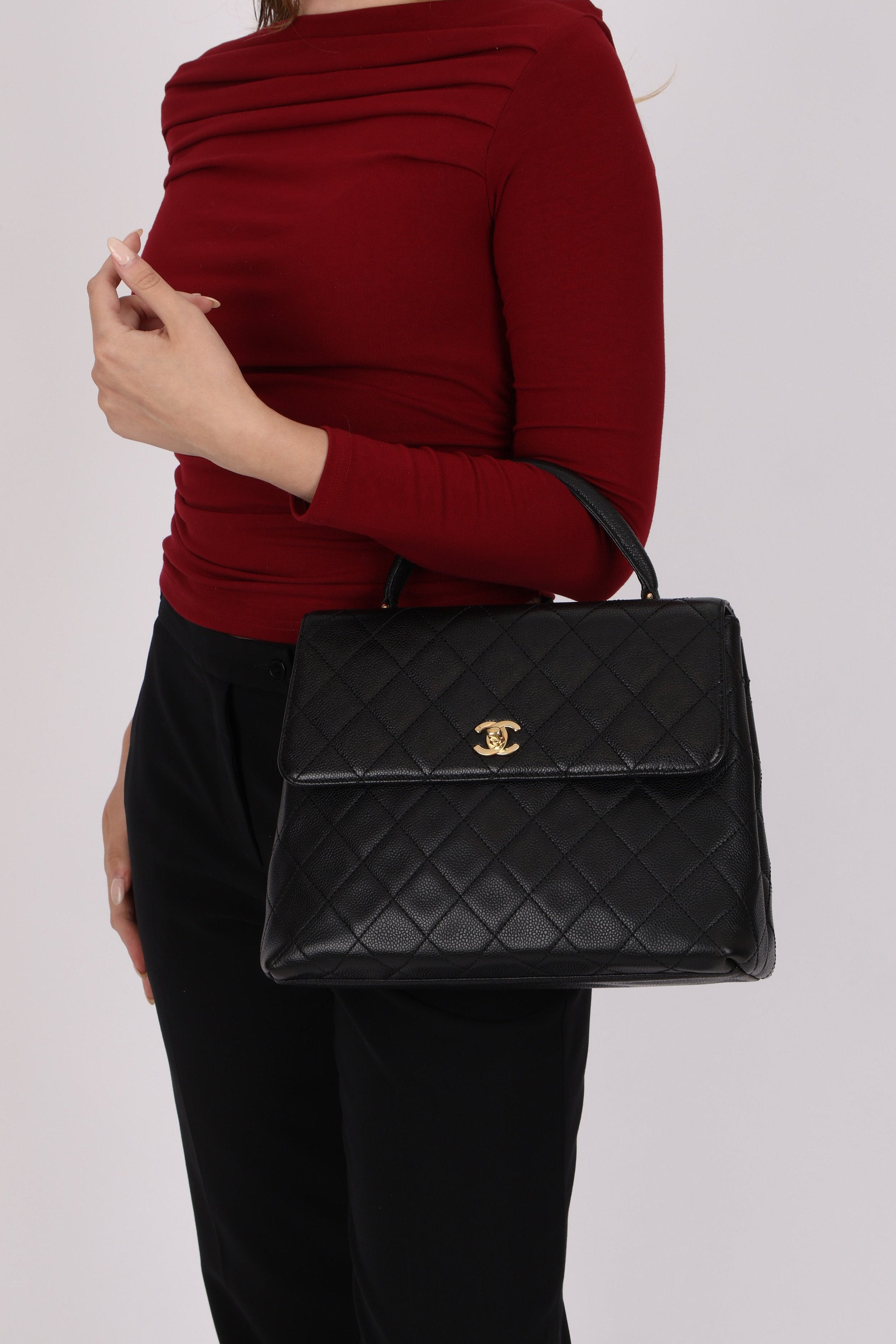 Chanel Kelly Top Handle Bag Black Caviar 24K GP