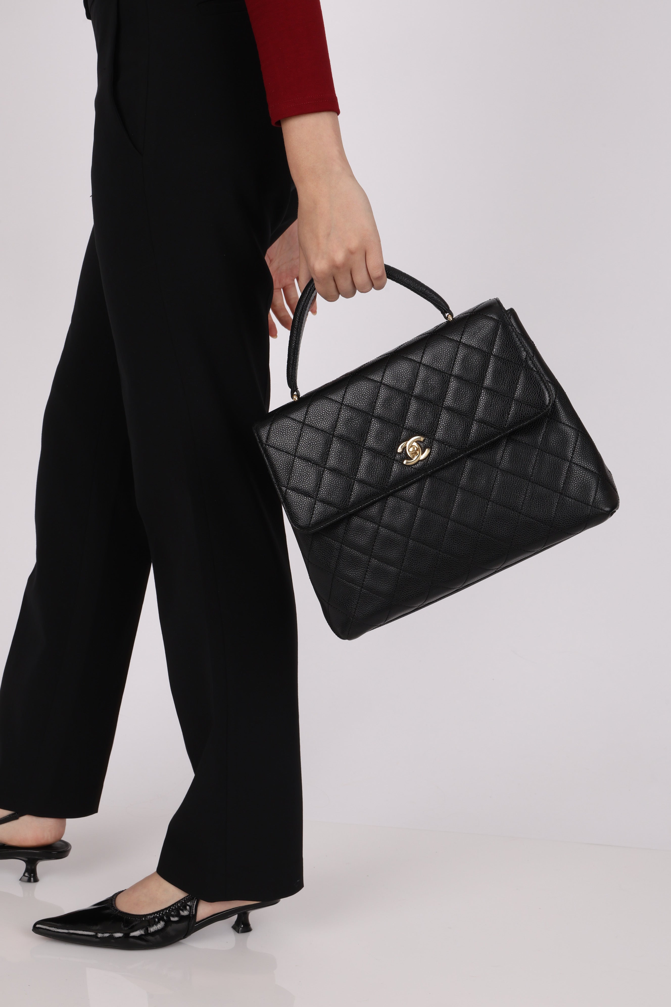 Chanel Kelly Top Handle Bag Black Caviar 24K GP