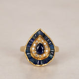 Vintage 1980s 18K Yellow Gold Sapphire and Diamond Pear Ring, Size US 5.5