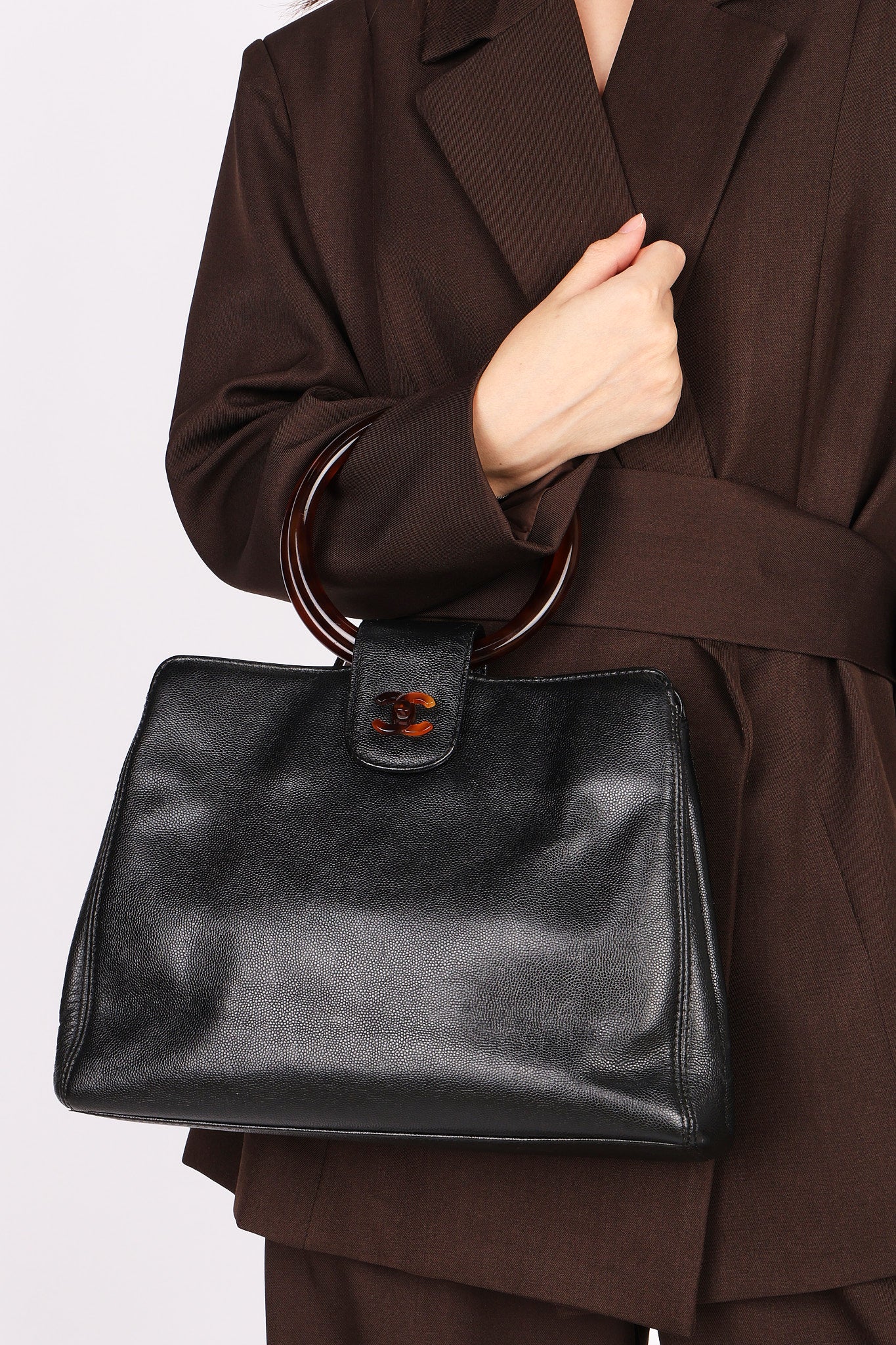 Chanel Tortoise Acrylic Top Handle Tote Black Caviar 1997