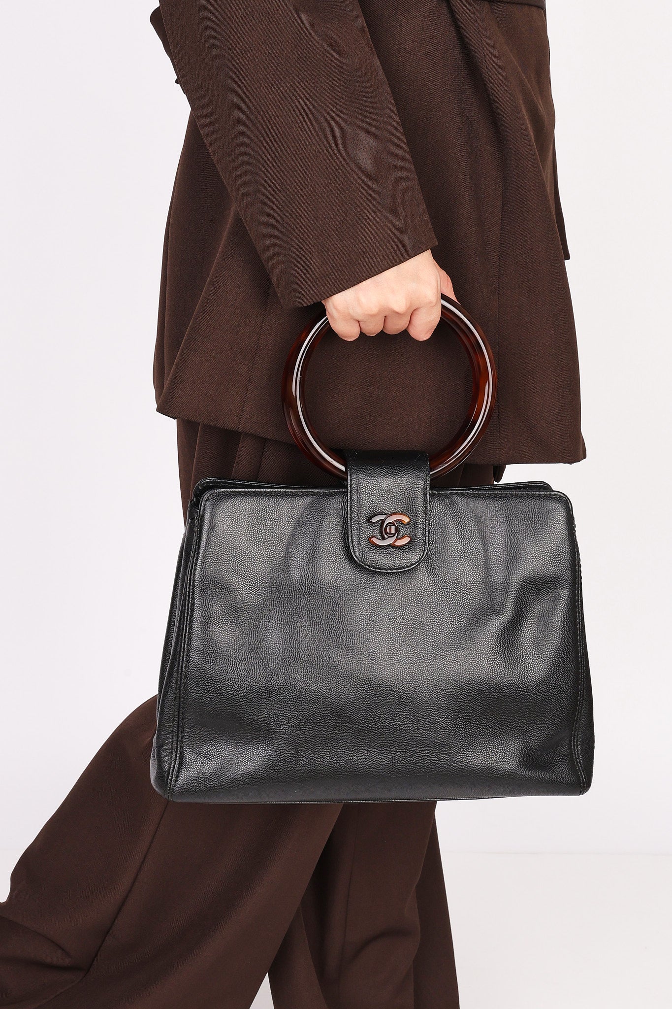 Chanel Tortoise Acrylic Top Handle Tote Black Caviar 1997