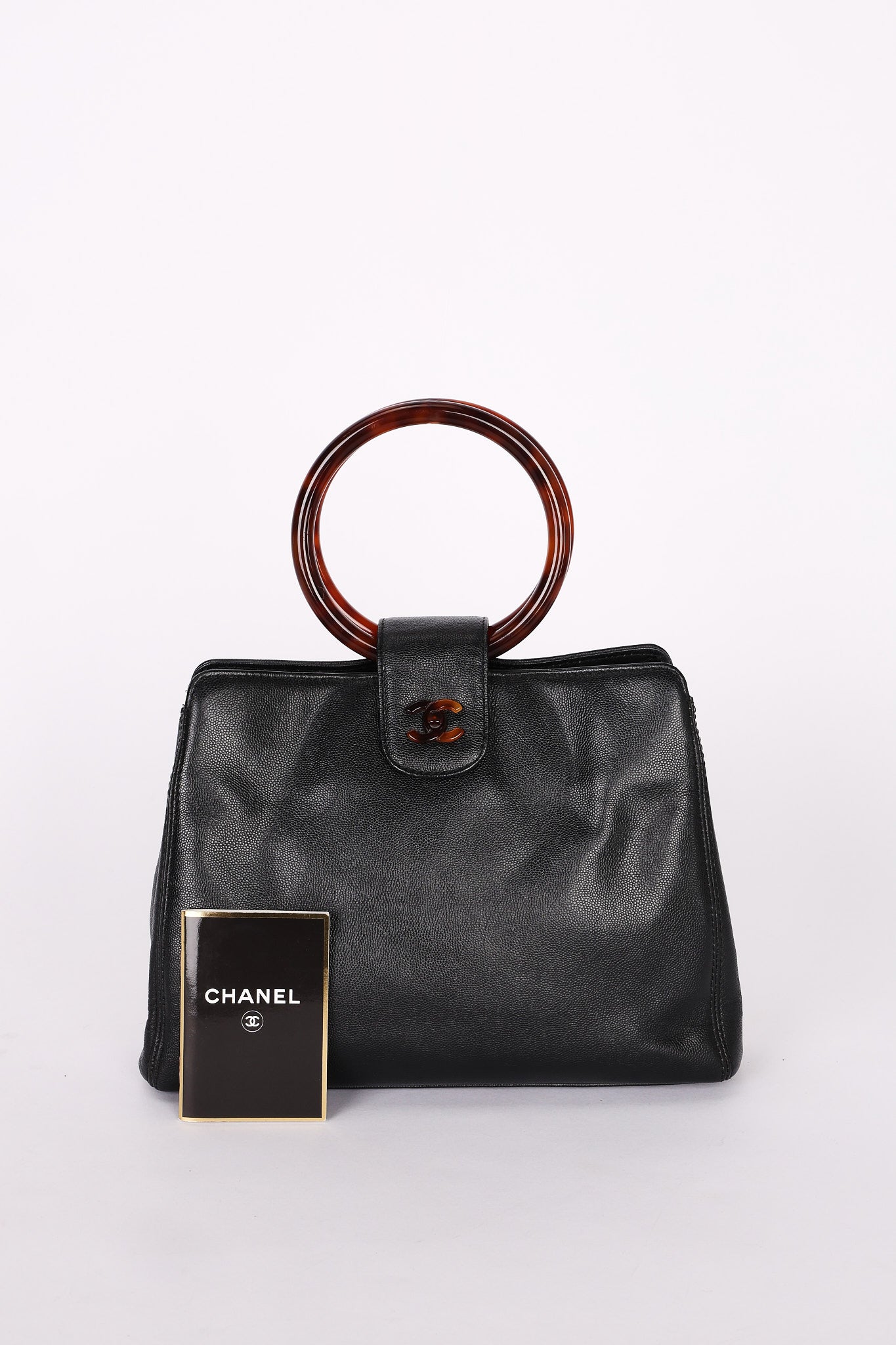 Chanel Tortoise Acrylic Top Handle Tote Black Caviar 1997