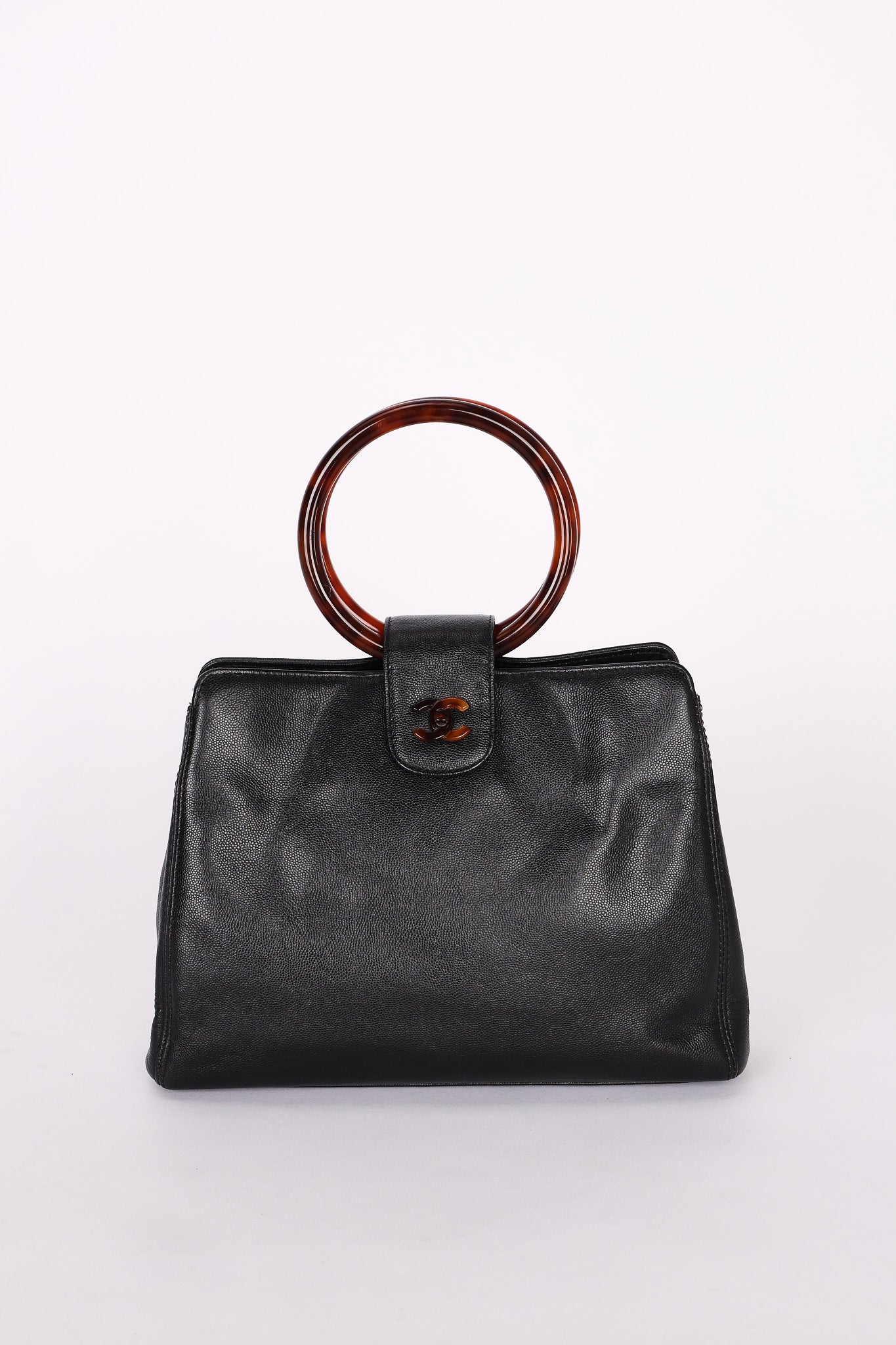 Chanel Tortoise Acrylic Top Handle Tote Black Caviar 1997