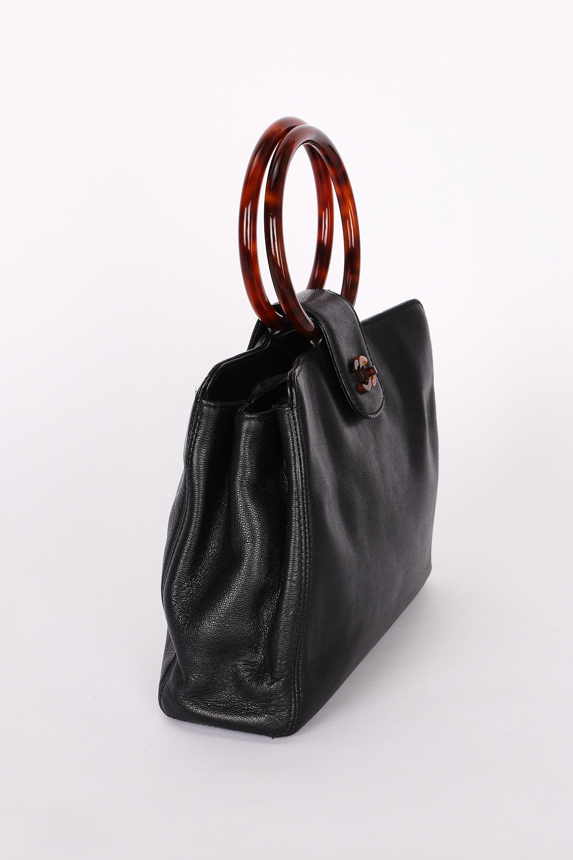 Chanel Tortoise Acrylic Top Handle Tote Black Caviar 1997