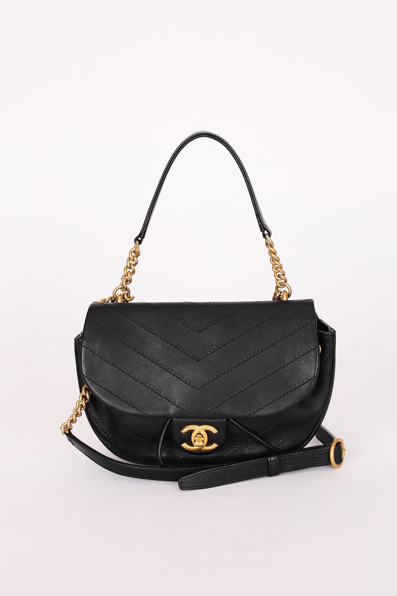 Chanel Half Moon Top Handle Flap Black Calfskin 2018 AGHW
