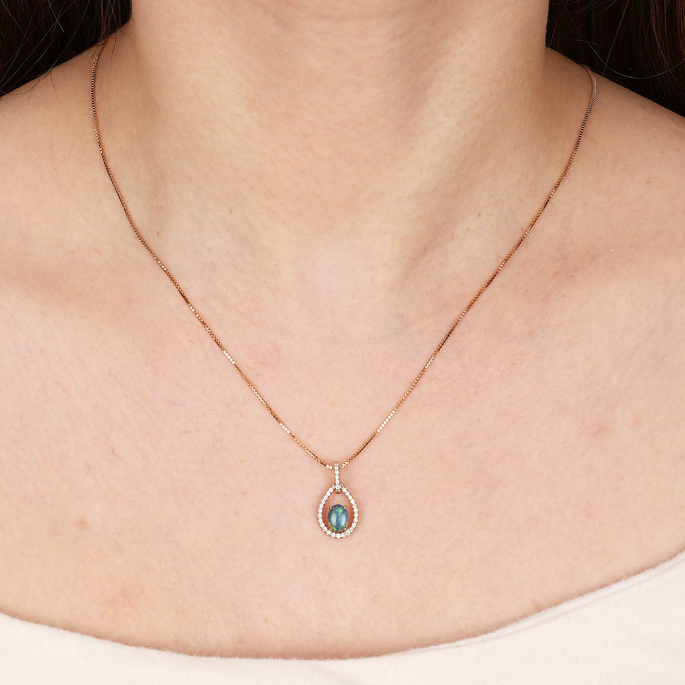 1990s 18K Rose Gold Opal and Diamond Pendant Necklace - Drop 23