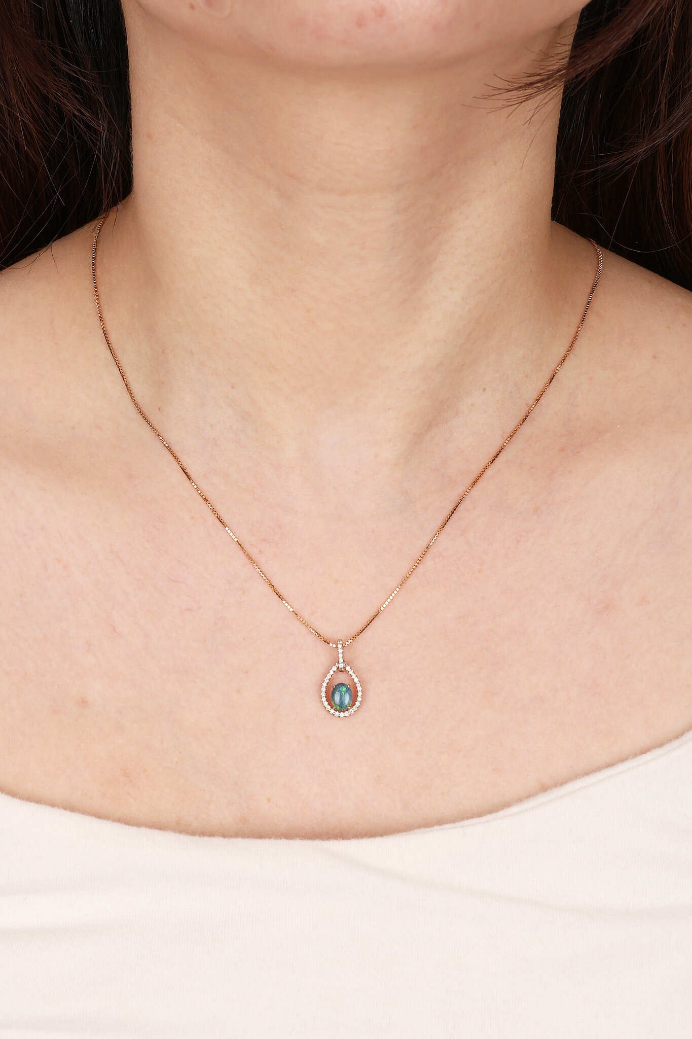 1990s 18K Rose Gold Opal and Diamond Pendant Necklace - Drop 23
