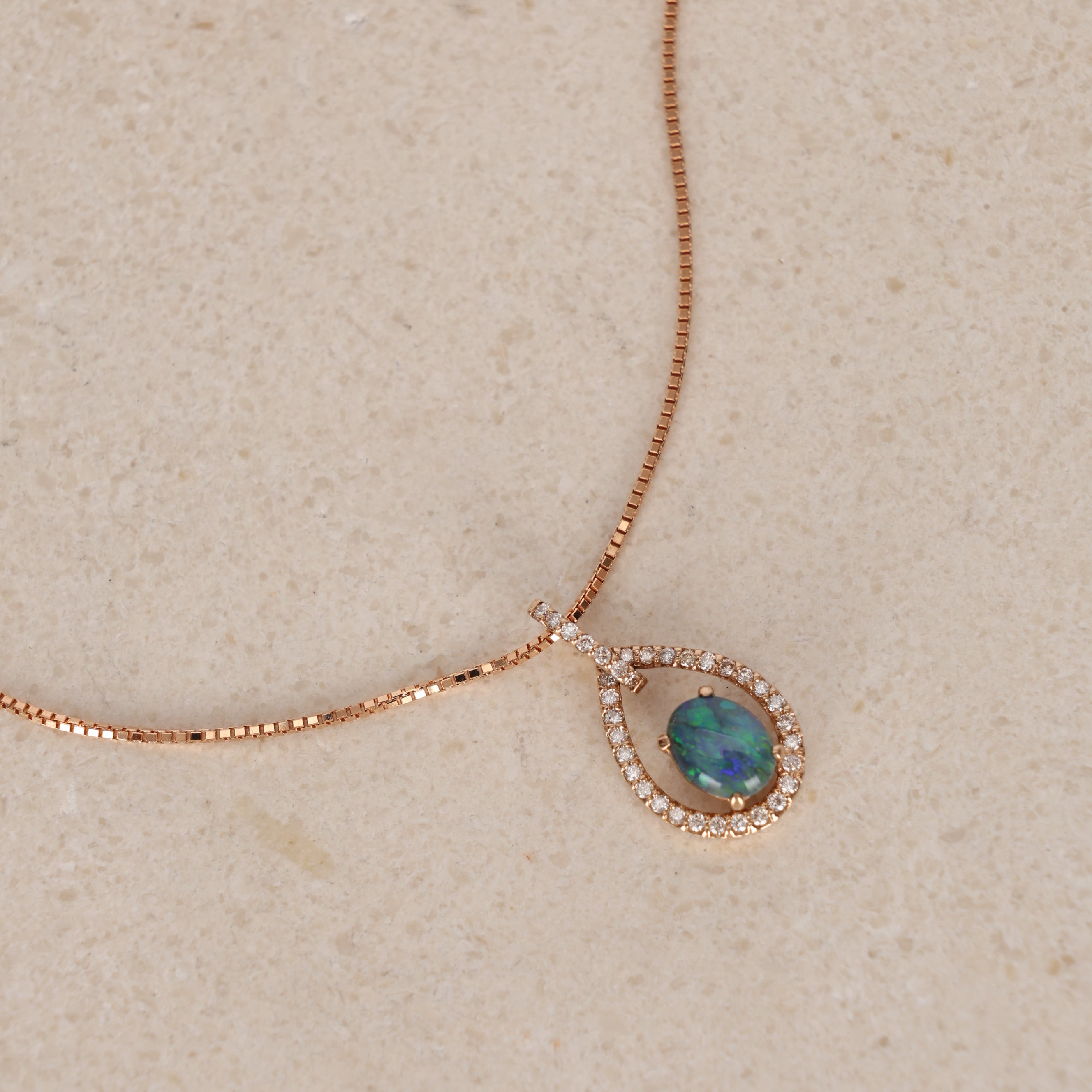 1990s 18K Rose Gold Opal and Diamond Pendant Necklace
