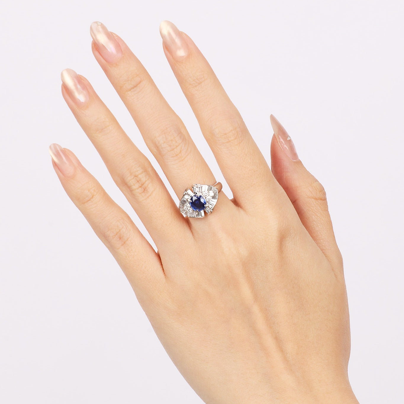 1970s - 1980s Pt900 Platinum Sapphire and Diamond Ballerina Ring, Size US 5 - Drop 24