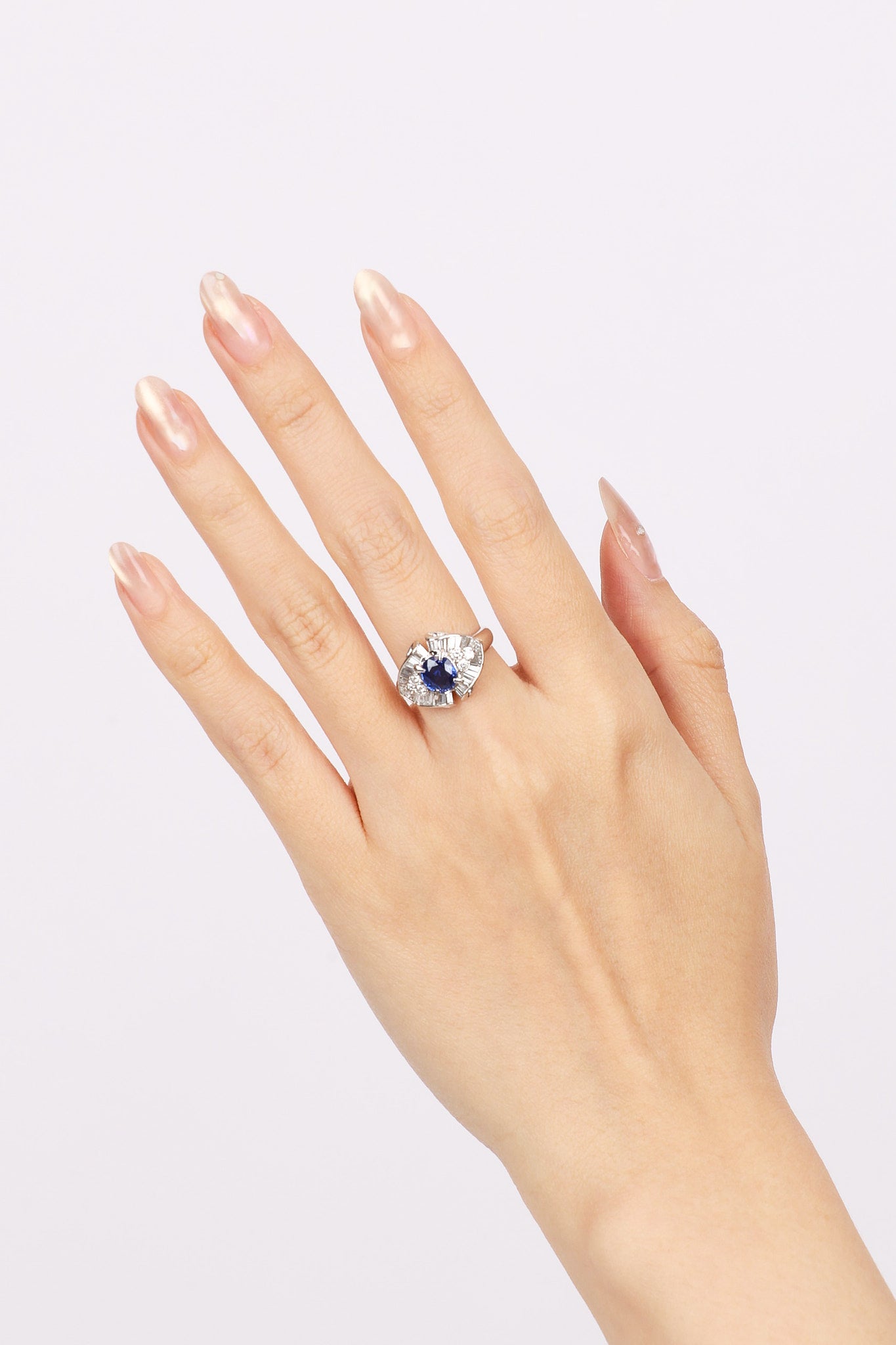 1970s - 1980s Pt900 Platinum Sapphire and Diamond Ballerina Ring, Size US 5 - Drop 24