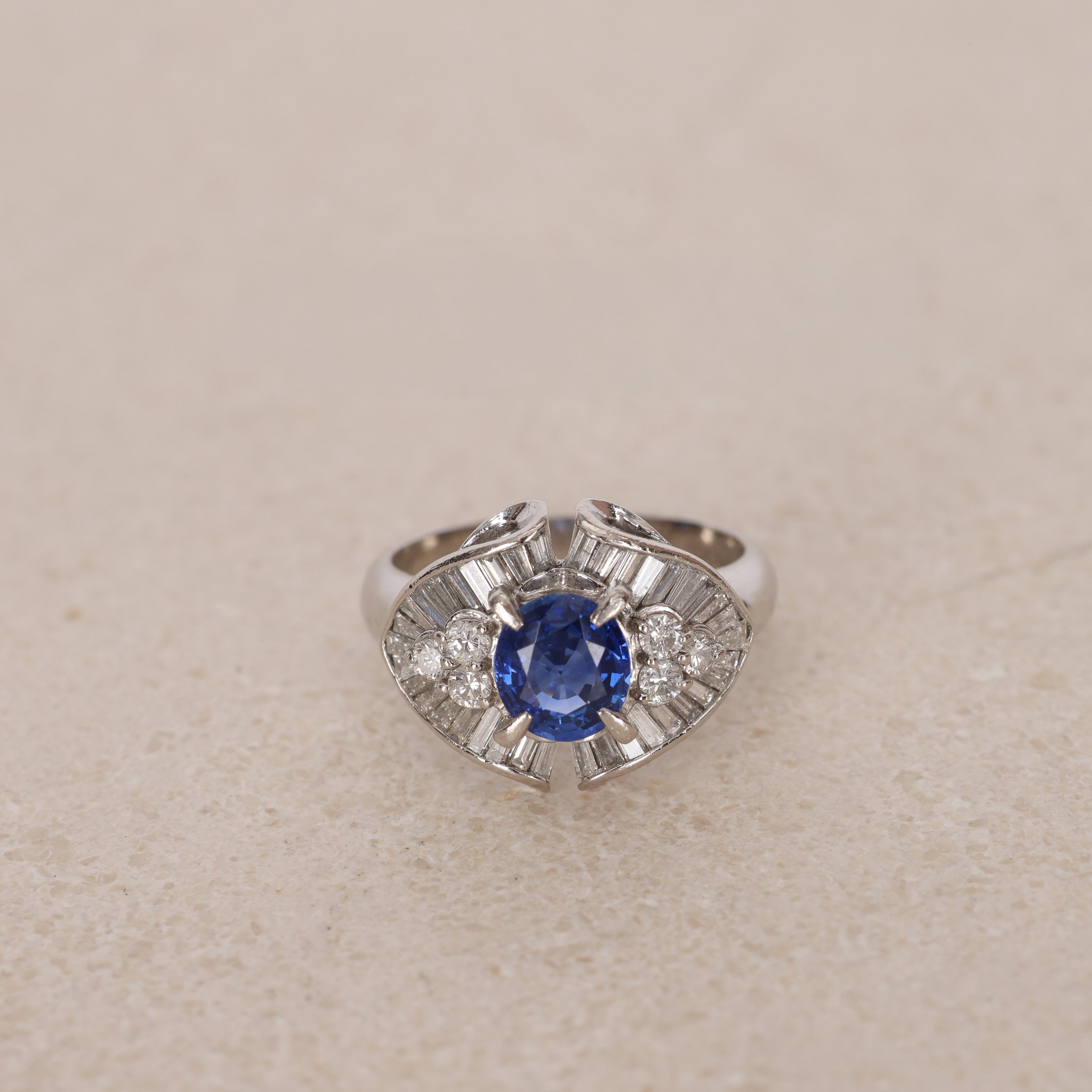 Pt900 Platinum Sapphire and Diamond Ballerina Ring, Size US 5