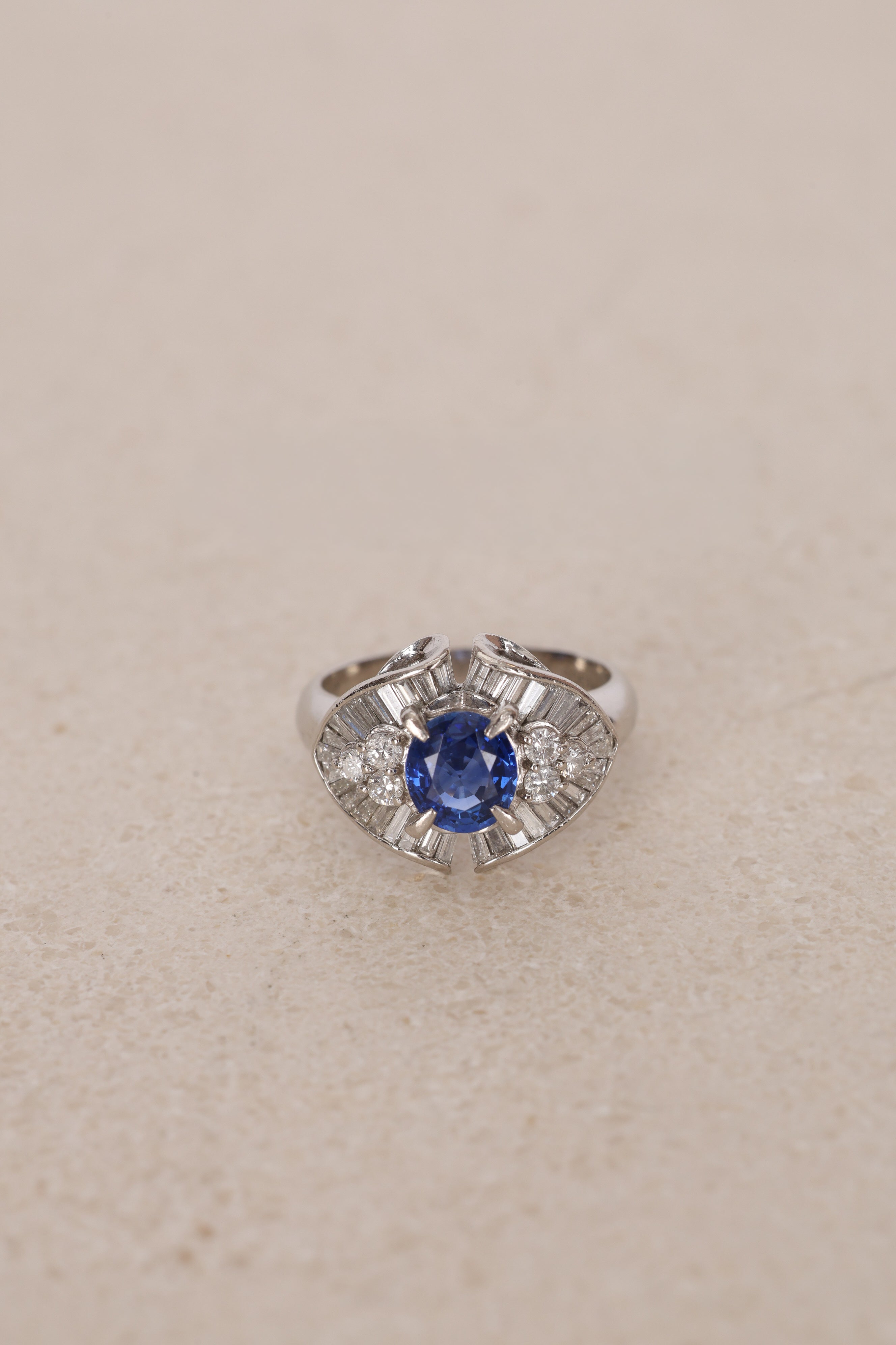 Pt900 Platinum Sapphire and Diamond Ballerina Ring, Size US 5