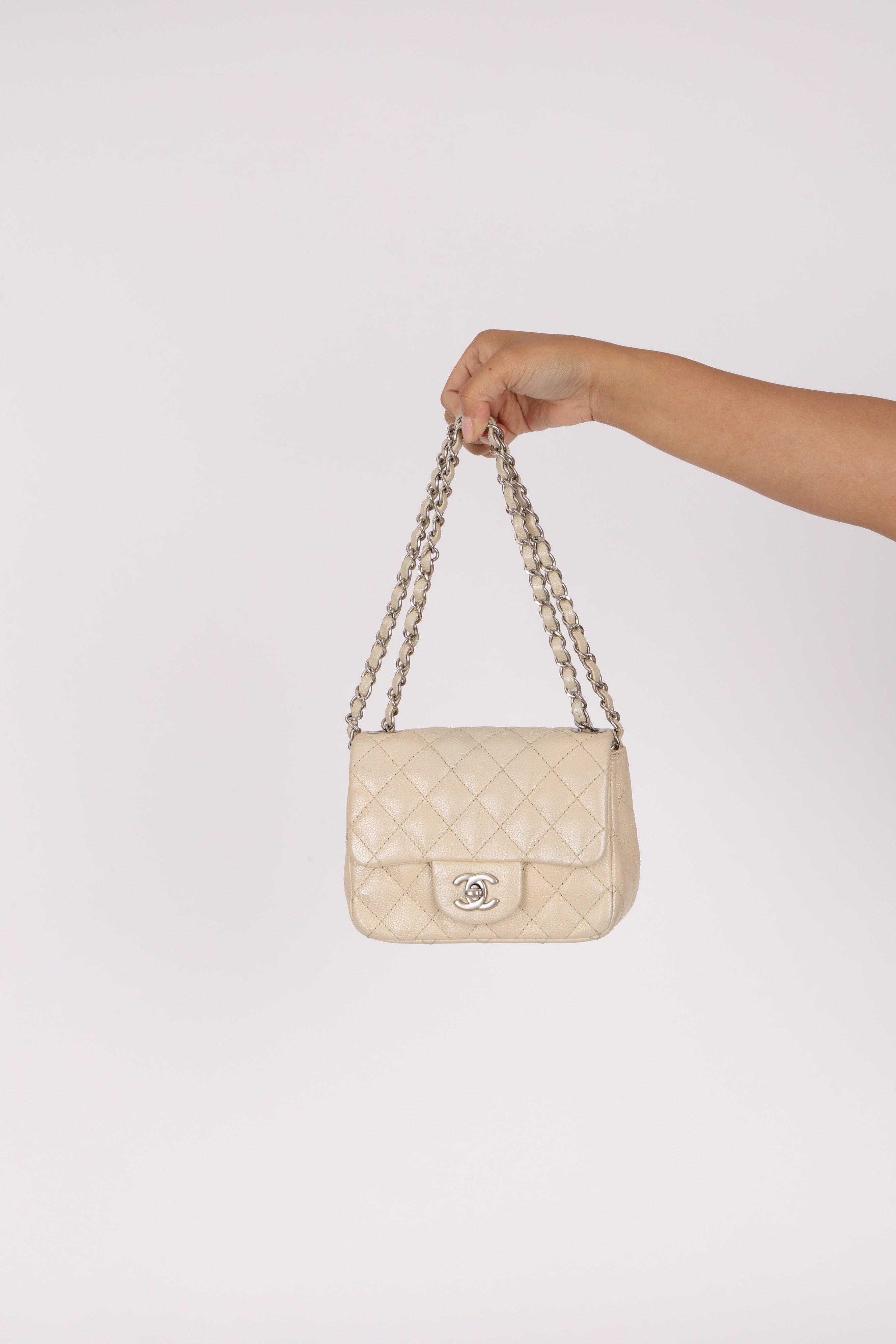 Rare Chanel Mini Square Flap Pearl White Caviar 2014 BSHW (DONE)