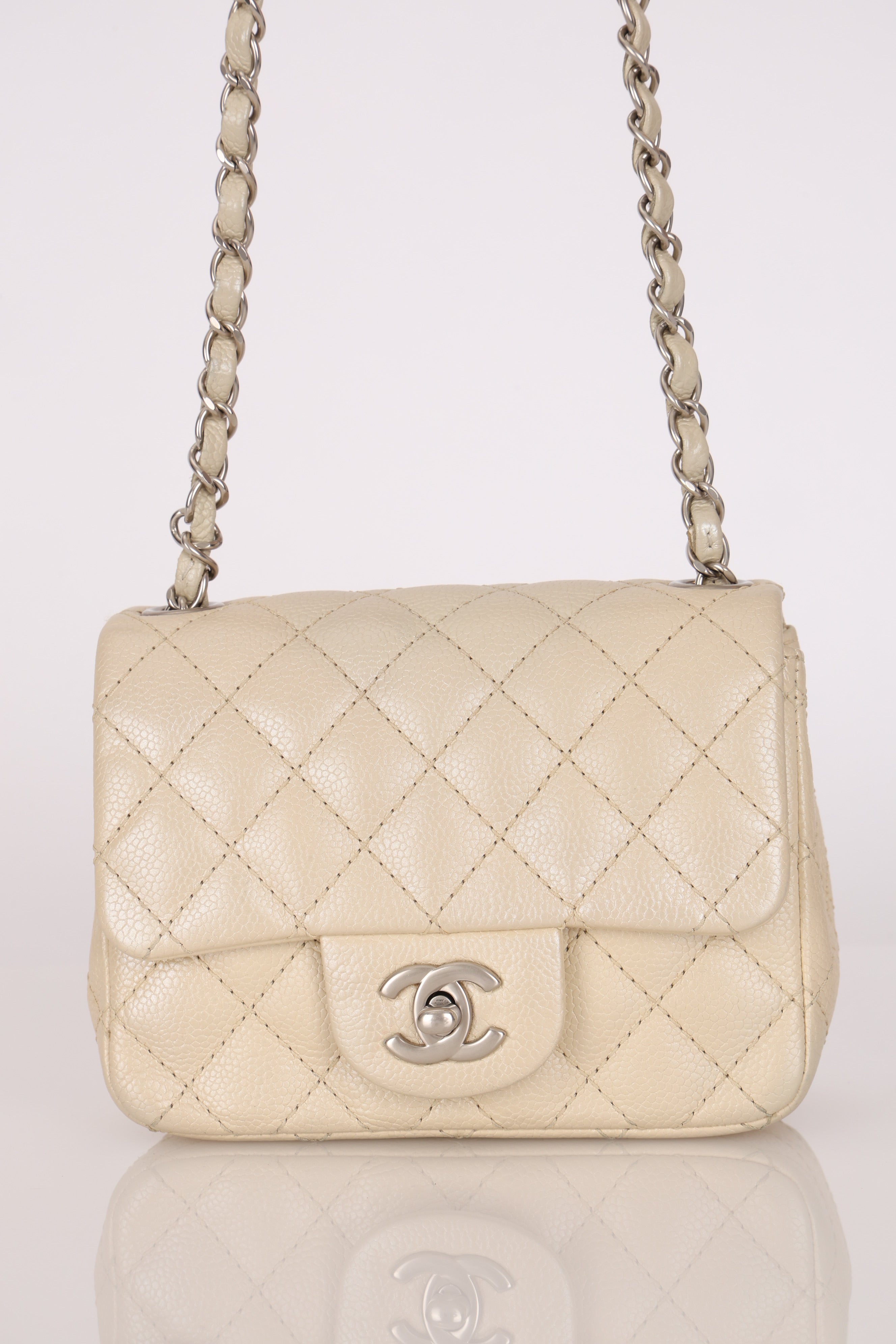 Rare Chanel Mini Square Flap Pearl White Caviar 2014 BSHW (DONE)